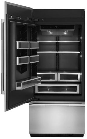 Front view of the JennAir® 36 in. 20.9 Cu. Ft. Panel Ready Built In Counter Depth Bottom Freezer Refrigerator