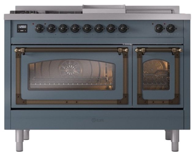 Ilve® Nostalgie II Noblesse 48'' Blue Gray Pro Style Dual Fuel Range with Burnished Trim-1