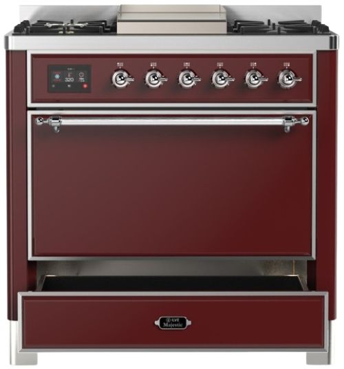 Ilve® Majestic III 36" Burgundy Pro Style Dual Fuel Liquid Propane Range with Solid Door and Chrome Trim-2