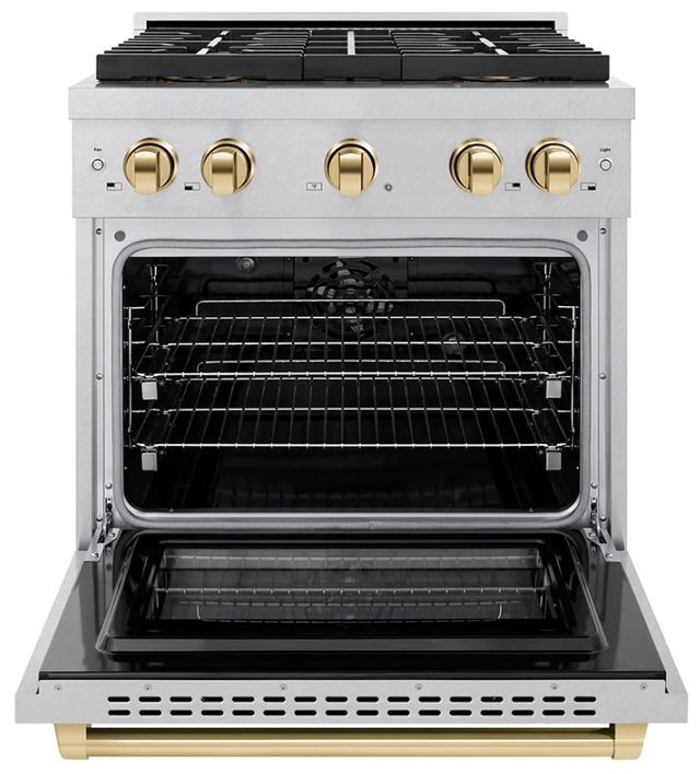 ZLINE Autograph Edition Paramount 30" 4.2 Cu. Ft. Satin Stainless Steel Dual Fuel Range with 4 Burner DuoPro™ Cooktop and Electric Convection Oven in Polished Gold Accents-1