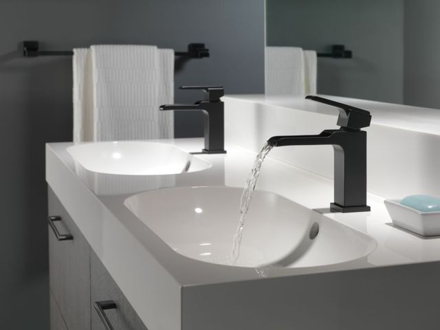 Delta Ara® Matte Black Single Handle Channel Bathroom Faucet with Drain-3
