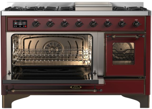 Ilve® Majestic III 48" Burgundy Pro Style Dual Fuel Natural Gas Range with Triple Glass Door and Burnished Trim-2