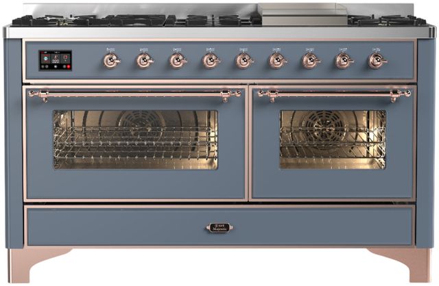 Ilve® Majestic III 60" Blue Gray Pro Style Dual Fuel Liquid Propane Range with Triple Glass Door and Copper Trim-0