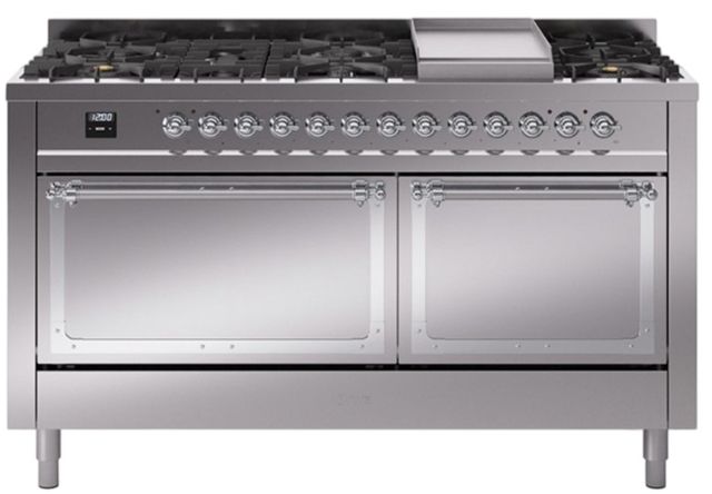 Ilve® Nostalgie II Noblesse 60'' Stainless Steel Pro Style Dual Fuel Range with Chrome Trim-0