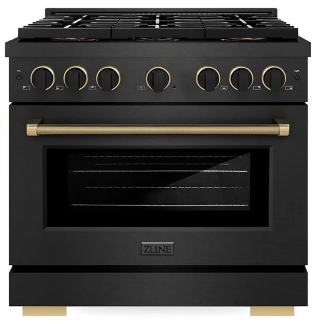 ZLINE Designer Collection Paramount 36" 5.2 Cu. Ft. Black Satin Stainless Steel Gas Range with 6 Burner DuoPro™ Cooktop and Convection Gas Oven with Black Matte and Champagne Bronze Accents-0