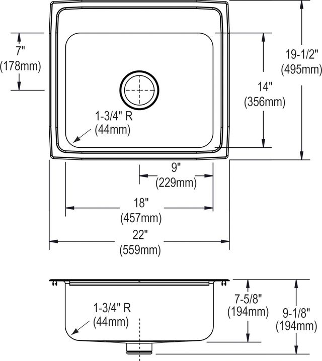 Elkay Lustertone® Classic Lustrous Satin 22" x 19-1/2" x 7-5/8" 2-Hole Single Bowl Drop-In Sink with Perfect Drain®-1