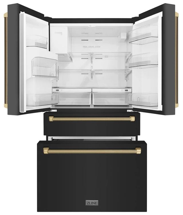 ZLINE Autograph Edition 36" 21.6 Cu. Ft. Black Stainless Steel Counter-Depth French Door Refrigerator with Water and Ice Maker in Fingerprint-Resistant and Champagne Bronze Helix Handles-3