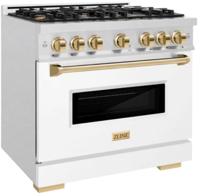 ZLINE Autograph Edition 36" Satin Stainless Steel Pro Style Dual Fuel Range with White Matte Door and Polished Gold Accents-1