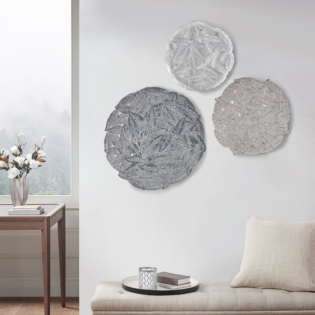 Olliix by Madison Park Rossi 3 Pieces Grey Feather Painted Iron Round Wall Décor Set-4
