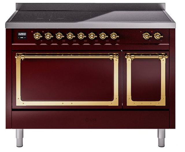 Ilve® Nostalgie II Noblesse 48'' Burgundy Pro Style Induction Range with Brass Trim-0