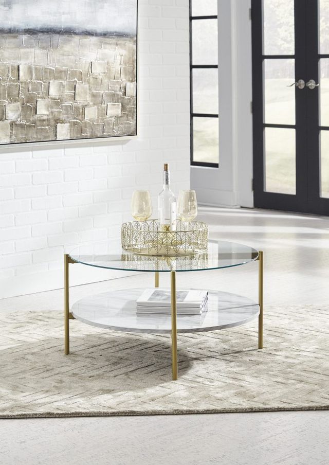 Signature Design by Ashley® Wynora Glass Top Round Coffee Table with Gold Legs and Marble Shelve -2