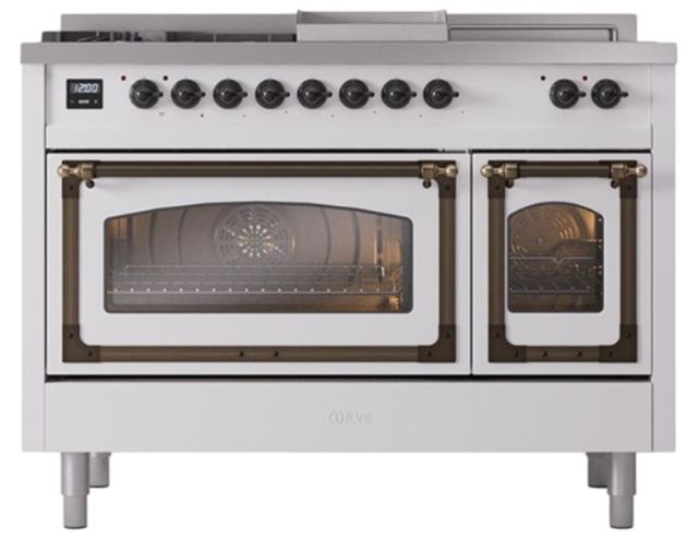 Ilve® Nostalgie II Noblesse 48'' White Pro Style Dual Fuel Range with Burnished Trim-0