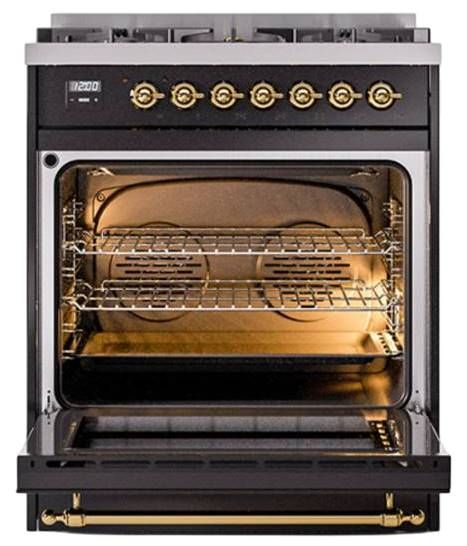Ilve® Nostalgie II Noblesse 30" Glossy Black Pro Style Dual Fuel Range with Brass Trim-2