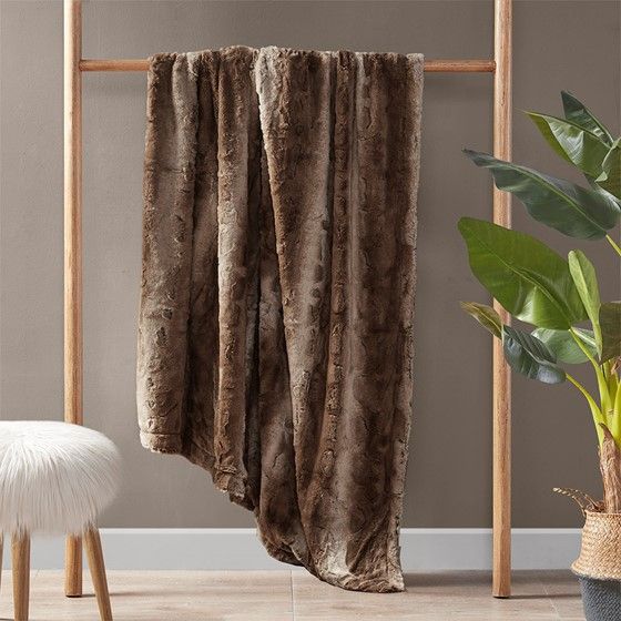 Olliix by Madison Park Zuri Tan 60x70" Polyester Faux Tip Dyed Brushed Long Fur Throw-1