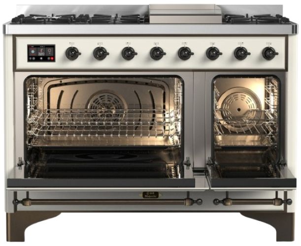 Ilve® Majestic III 48" Antique White Pro Style Dual Fuel Natural Gas Range with Solid Door and Burnished Trim-1