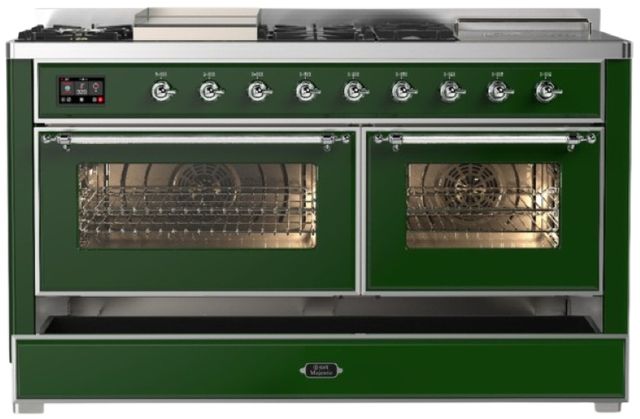 Ilve® Majestic III 60" Emerald Green Pro Style Dual Fuel Liquid Propane Range with French Top and Chrome Trim-2