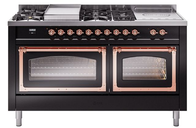 Ilve® Nostalgie II Noblesse 60'' Glossy Black Pro Style Dual Fuel Range with Copper Trim-0