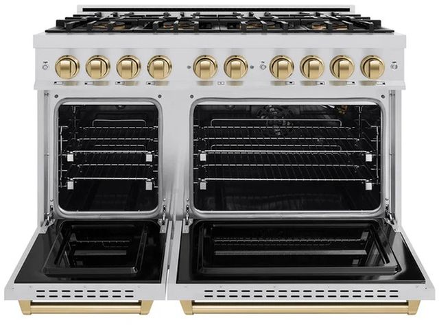 ZLINE Autograph Edition 48" 6.7 cu. ft. Classic Gas Range with 8 Burner DuoPro™ Cooktop and Dual Ovens in Stainless Steel and Champagne Bronze Accents-1