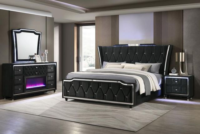 Coaster® Lorient 4-Piece Black Eastern King Bedroom Set with Flame Box Dresser-1