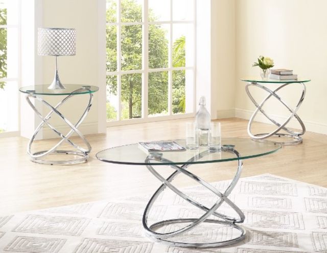 Bernards Atomic 3-Piece Glass Top Occasional Table with Metal Base Set-4