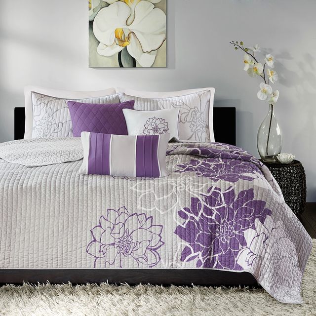 Olliix by Madison Park 6 Piece Purple Full/Queen Lola Reversible Cotton Printed Coverlet Set-1