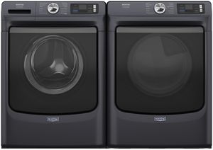 Front view of the Maytag® Midnight Steel Front Load Laundry Pair