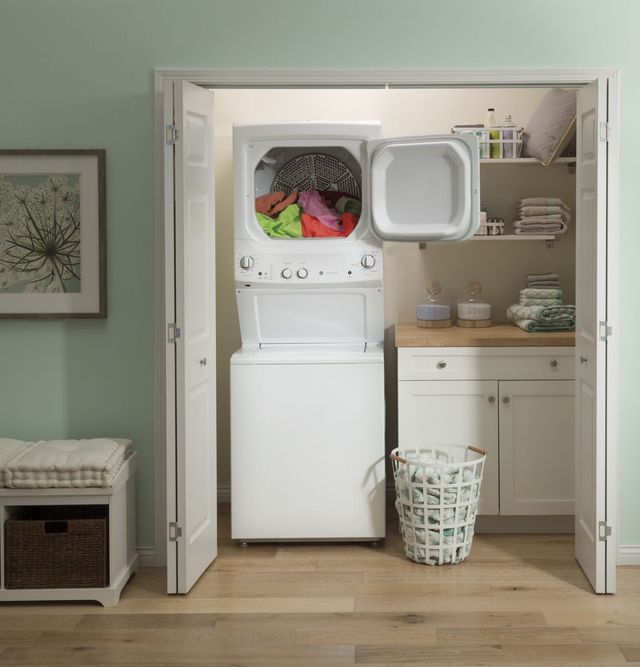 GE® Unitized Spacemaker® White Electric Laundry Center, 3.8 Cu. Ft. Washer, 5.9 Cu. Ft. Dryer-1