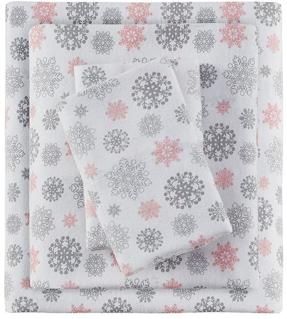 Olliix by True North by Sleep Philosophy Pink/Grey Snowflakes King Cozy Flannel 100% Cotton Flannel Printed Sheet Set-0