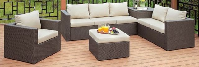 Furniture of America® Davina 5-Piece Beige/Brown Fabric/Faux Rattan Outdoor Patio Set with Ottoman and Storage-0