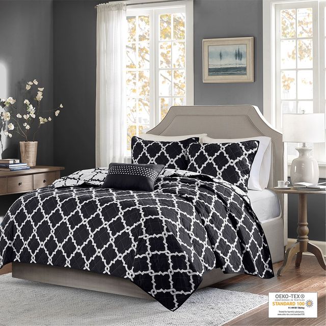 Olliix by Madison Park Essentials Merritt 4 Piece Black Full/Queen Reversible Coverlet Set-0
