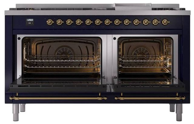 Ilve® Nostalgie II Noblesse 60'' Midnight Blue Pro Style Dual Fuel Range with Brass Trim-2