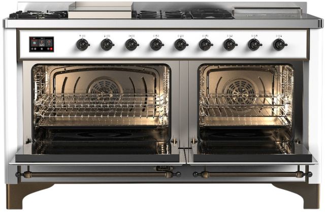 Ilve® Majestic III 60'' White Pro Style Dual Fuel Natural Gas Range with Solid Door and Burnished Trim-1