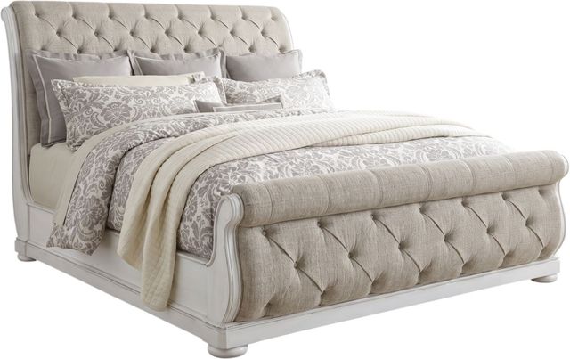 Liberty Furniture Abbey Park 3-Piece Antique White/Weathered Brown California King Upholstered Sleigh Bed Set-1