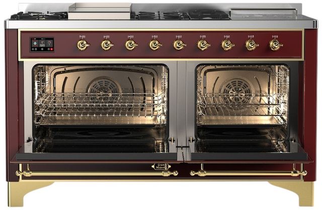 Ilve® Majestic III 60" Burgundy Pro Style Dual Fuel Liquid Propane Range with Griddle and Brass Trim-1