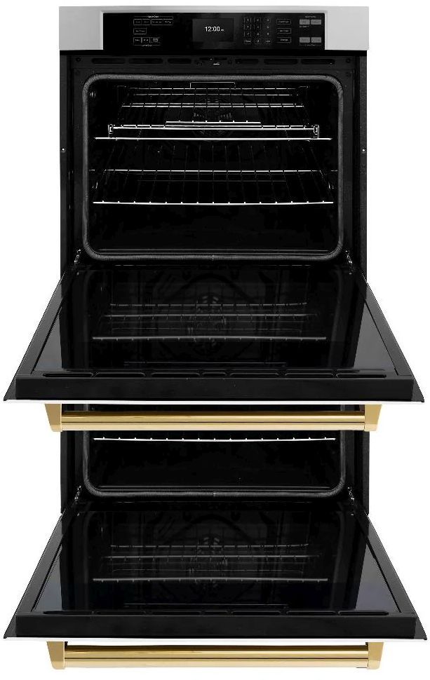 ZLINE Autograph Edition Professional 30" Stainless Steel Double Electric Wall Oven with White Matte Doors and Polished Gold Accents-2