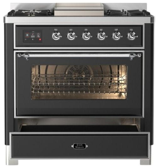 Ilve® Majestic III 36" Graphite Matte Pro Style Dual Fuel Liquid Propane Range with 6 Black Brass Burners and Chrome Trim-2