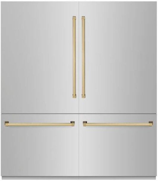 ZLINE Autograph Edition 72" 39.6 Cu. Ft. Satin Stainless Steel Built In French Door Refrigerator with Polished Gold Accents-0