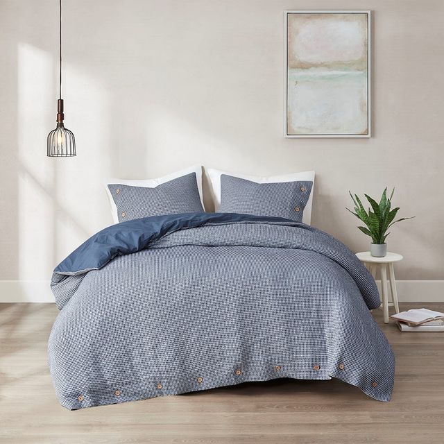 Olliix by Clean Spaces Mara 4 Piece Yarn Dyed Cotton Bamboo Blend Waffle Weave Blue Full/Queen Comforter Cover Set-0