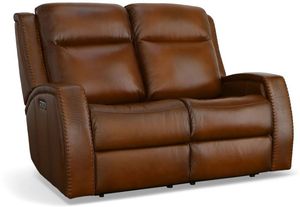 Front view of the Flexsteel® Mustang Brown Power Reclining Loveseat with Power Headrests