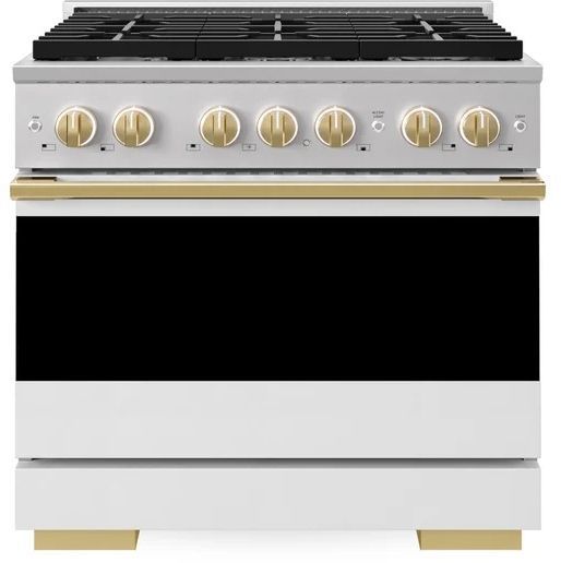 ZLINE Marino 36" Stainless Steel Pro Style Dual Fuel Range with White Matte Door and Polished Gold Accents-0