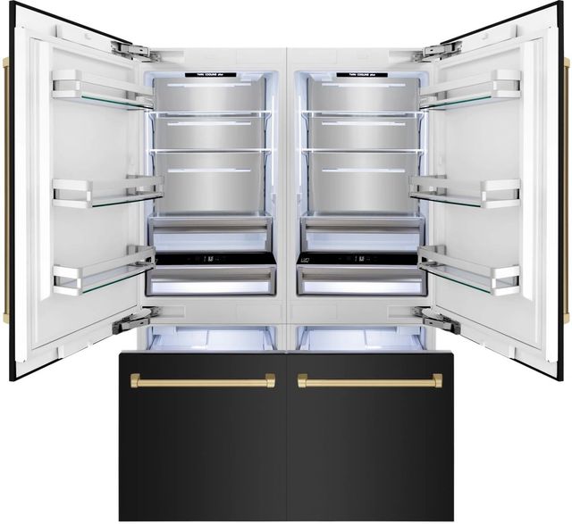 ZLINE Autograph Edition 60" 32.2 Cu. Ft. Black Stainless Steel Built-In French Door Refrigerator with Champagne Bronze Accent and Bright White Interior-1