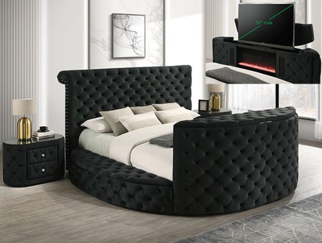 Crown Mark Voltare Black Queen Upholstered Storage Sleigh Bed with Fireplace and TV Lift-1