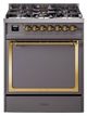 Ilve® Nostalgie II Noblesse 30'' Graphite Matte Pro Style Dual Fuel Range with Brass Trim-0