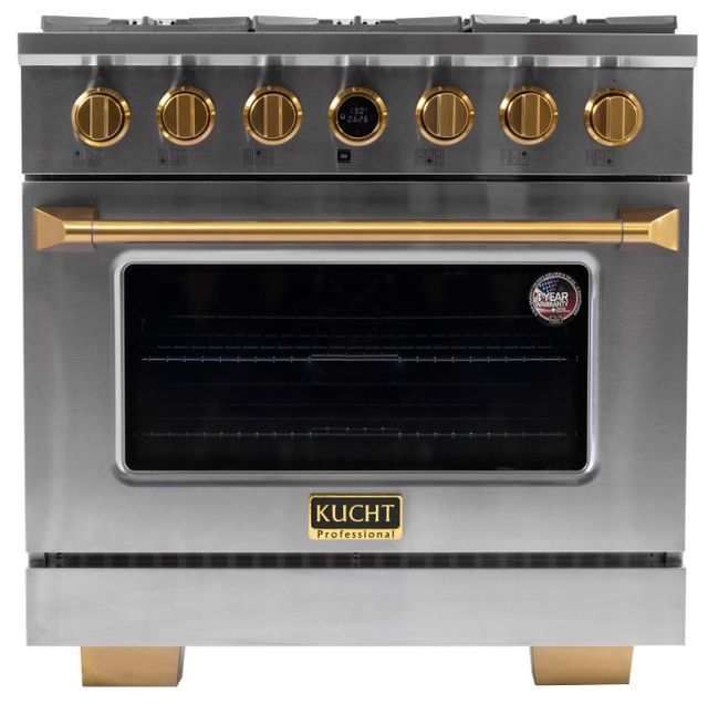 Kucht Professional KX Series 36" Stainless Steel Pro Style Dual Fuel Liquid Propane Gas Range with Gold Accents and Kucht Horus Thermostat-0