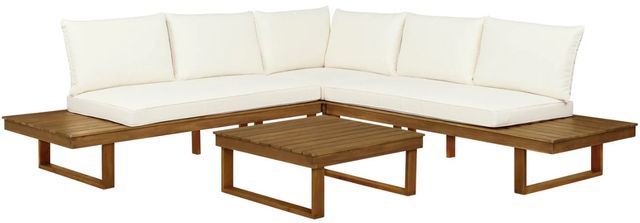 Linon Sea Breeze 4-Piece Beige/Brown Wooden Outdoor Loveseats with Cushions and Corner Table Set-0