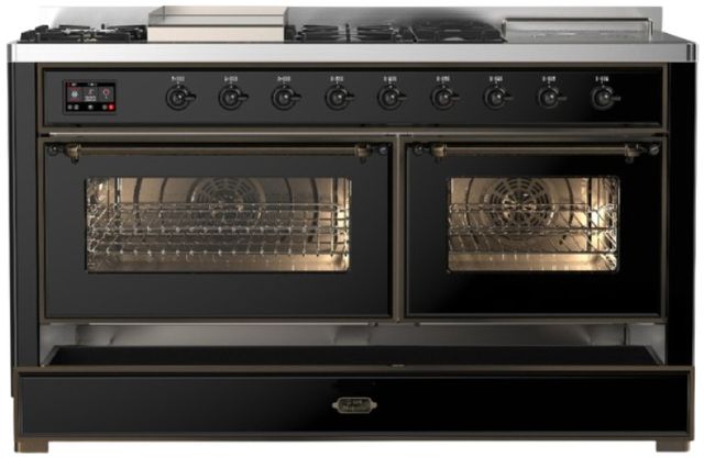Ilve® Majestic III 60" Glossy Black Pro Style Dual Fuel Liquid Propane Range with French Top and Burnished Trim-2