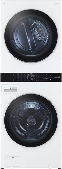 front view of the LG 4.5 Cu. Ft. Washer, 7.4 Cu. Ft. Electric Dryer White Front Load Stack Laundry