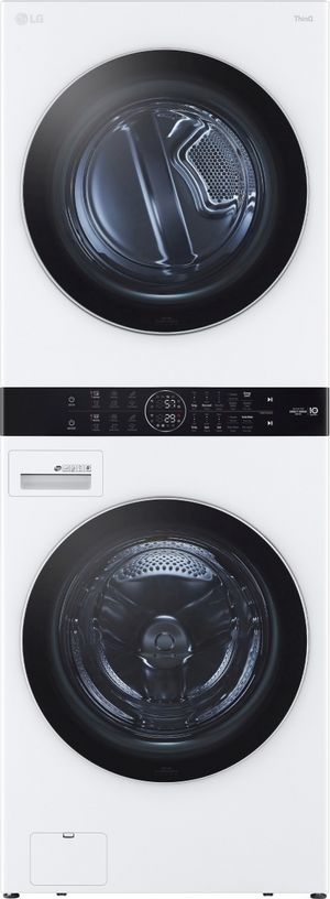 Front view of the LG 4.5 Cu. Ft. Washer, 7.4 Cu. Ft. Electric Dryer White Front Load Stack Laundry