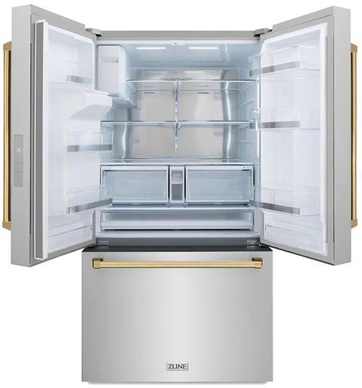 ZLINE Autograph Edition 36" 28.9 Cu. Ft. Stainless Steel Freestanding French Door Refrigerator with Dual Ice Maker and Polished Gold Traditional Handle-3