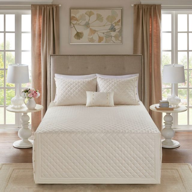 Olliix by Madison Park 4 Piece Ivory Full/Queen Breanna Cotton Reversible Tailored Bedspread Set-1